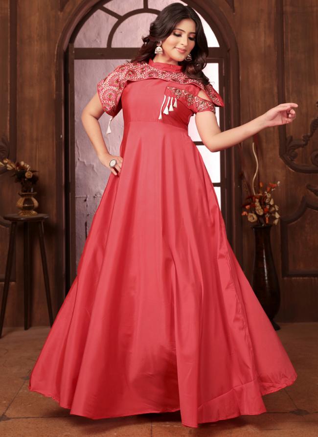 Silk Rose Pink Party Wear Embroidery Work Readymade Gown